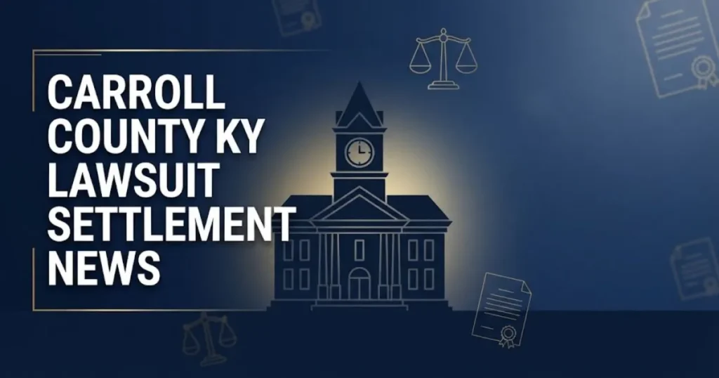 Carroll County KY lawsuit settlement news banner with courthouse silhouette and legal symbols on navy background