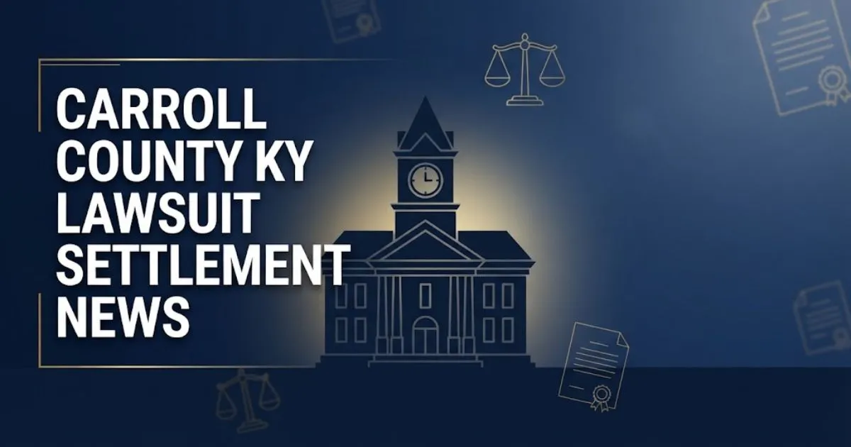 Carroll County KY lawsuit settlement news banner with courthouse silhouette and legal symbols on navy background