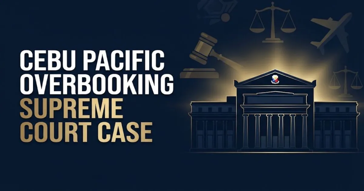 Cebu Pacific overbooking Supreme Court case banner with gavel and airplane icons on navy background
