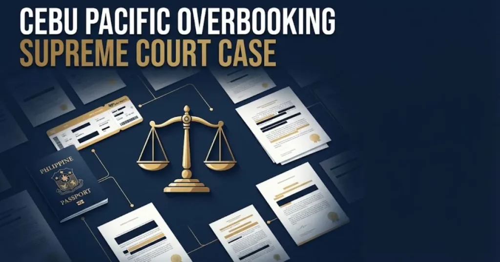 Cebu Pacific overbooking Supreme Court case graphic with legal documents and boarding pass on navy surface