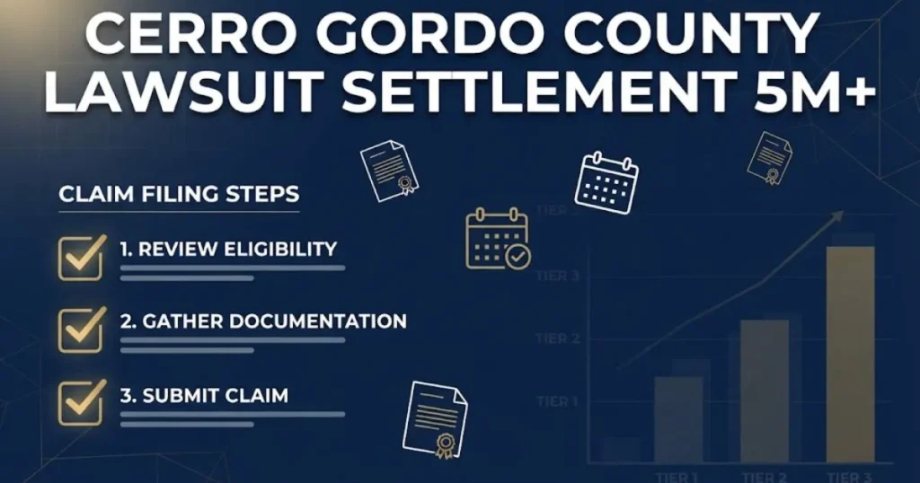 Cerro Gordo County lawsuit settlement 5M+ eligibility and claim deadline graphic with document icons in navy and gold