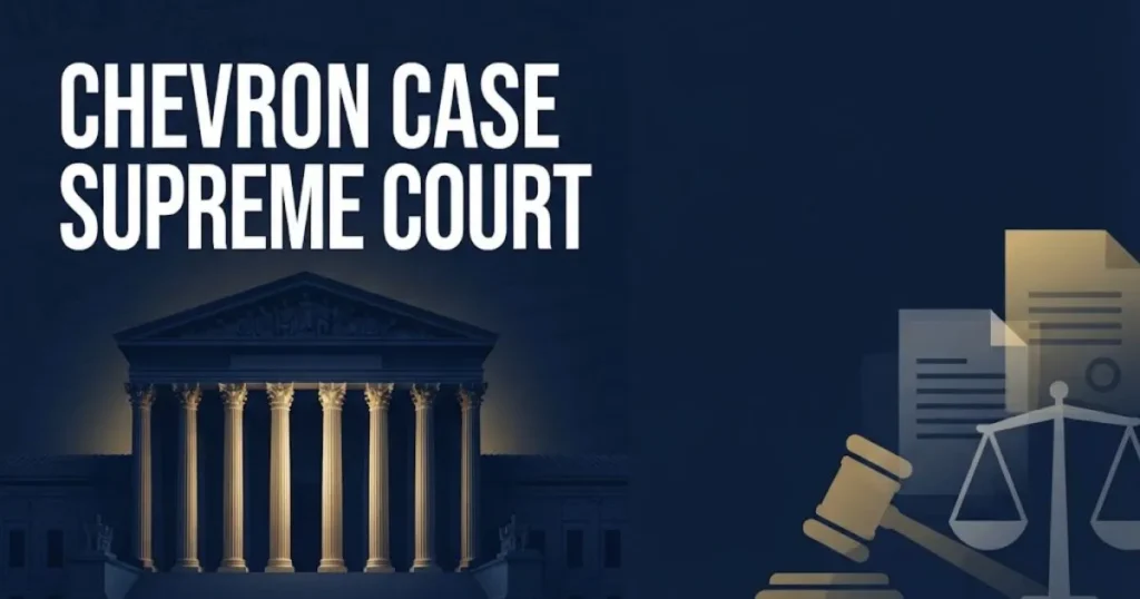 Chevron case supreme court hero banner with Supreme Court building silhouette in navy and gold editorial design