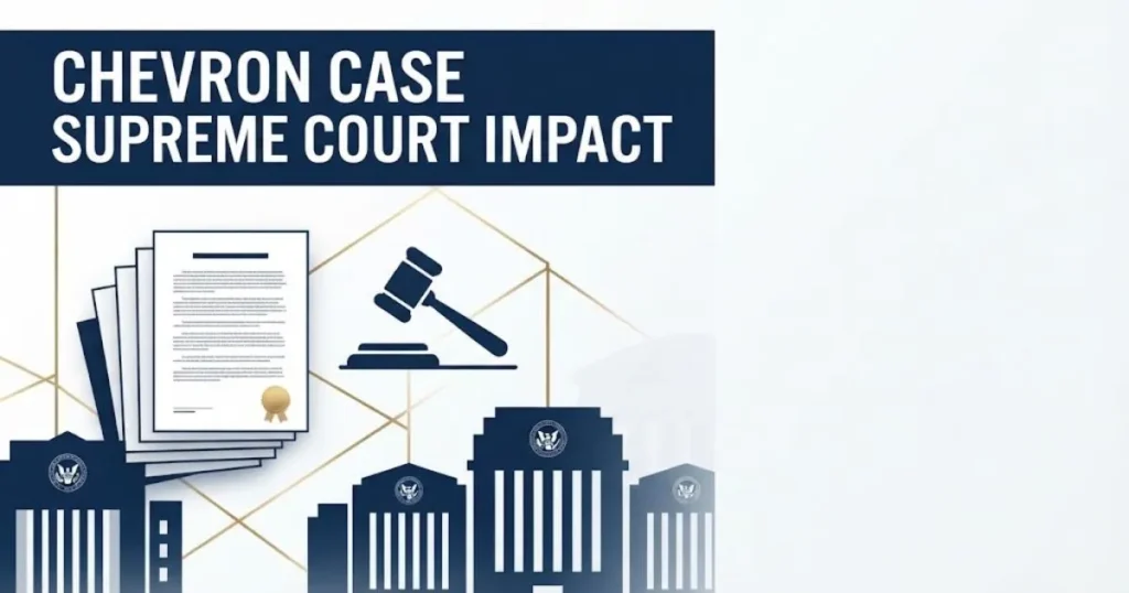 Chevron case supreme court impact graphic with legal documents and agency silhouettes in navy and gold