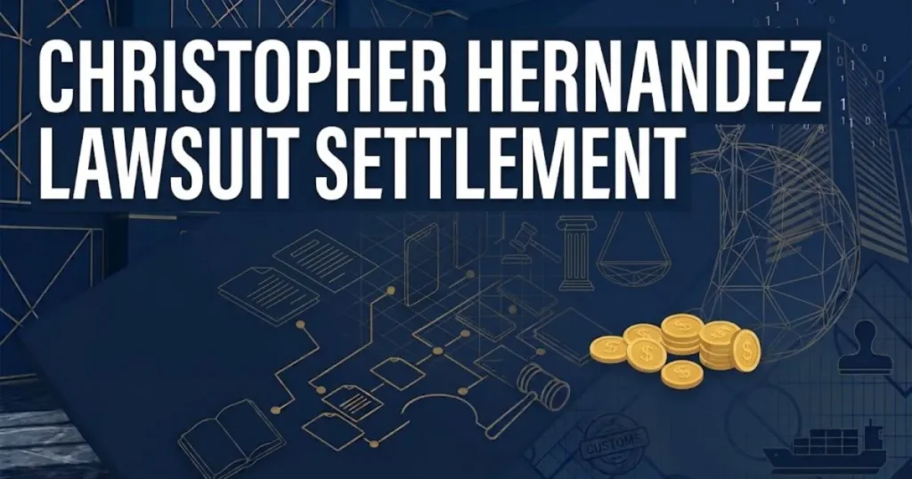 Christopher Hernandez Lawsuit settlement graphic with courthouse silhouette and document icons