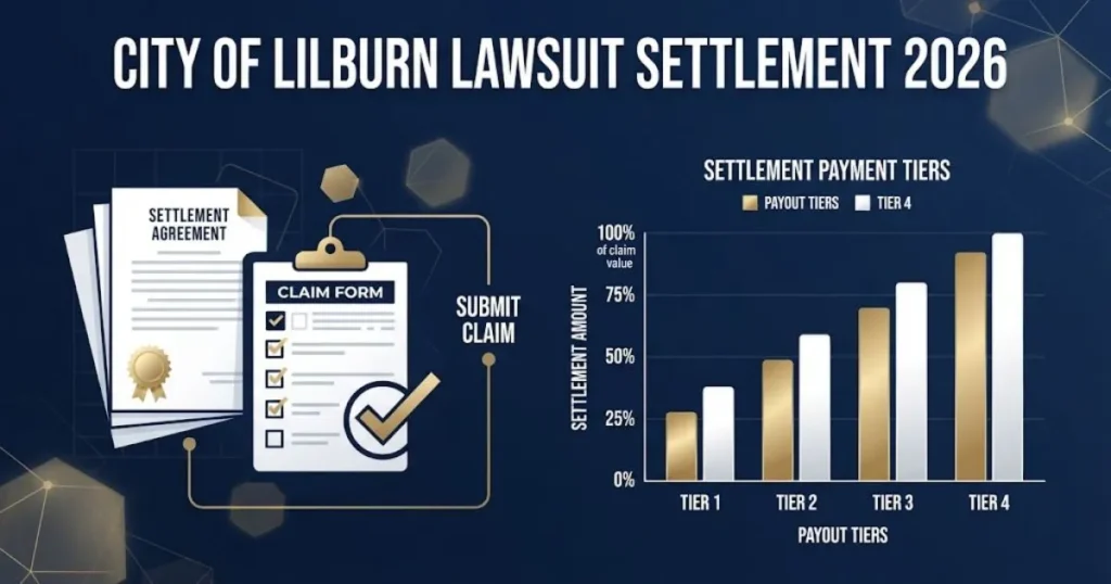 City of Lilburn lawsuit settlement 2026 claims process graphic with payout tier chart on navy background