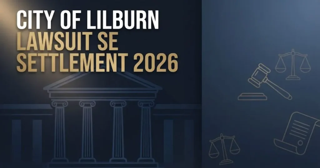 City of Lilburn lawsuit settlement 2026 hero banner with courthouse silhouette and legal icons on navy background