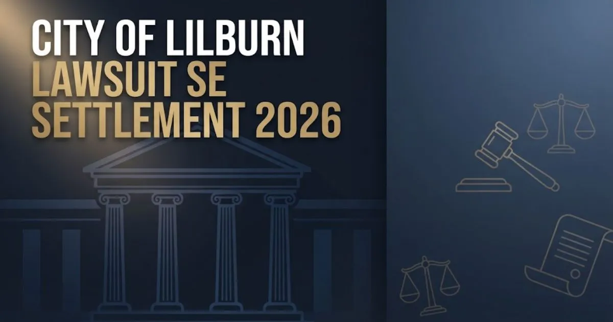 City of Lilburn lawsuit settlement 2026 hero banner with courthouse silhouette and legal icons on navy background