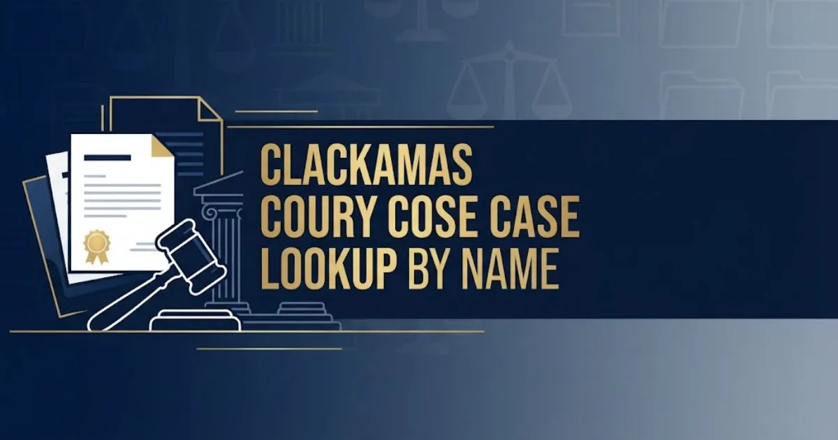 Clackamas County court case lookup by name hero banner with legal documents and gavel silhouette in navy and gold