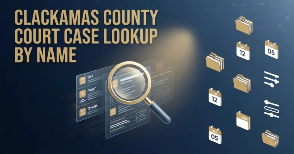 Clackamas County court case lookup by name supporting graphic with search interface and court record icons