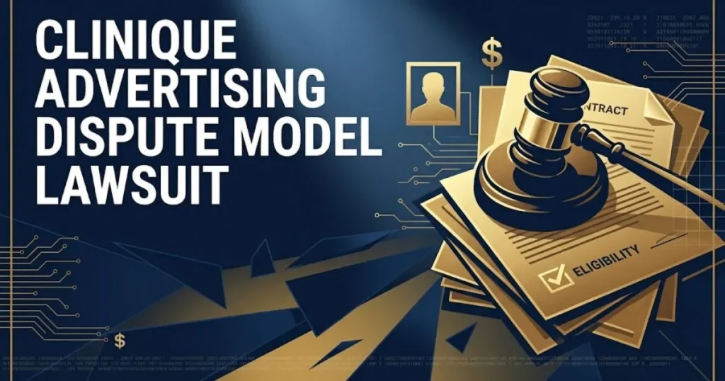 Clinique advertising dispute model lawsuit hero banner with gavel silhouette and legal documents on navy background