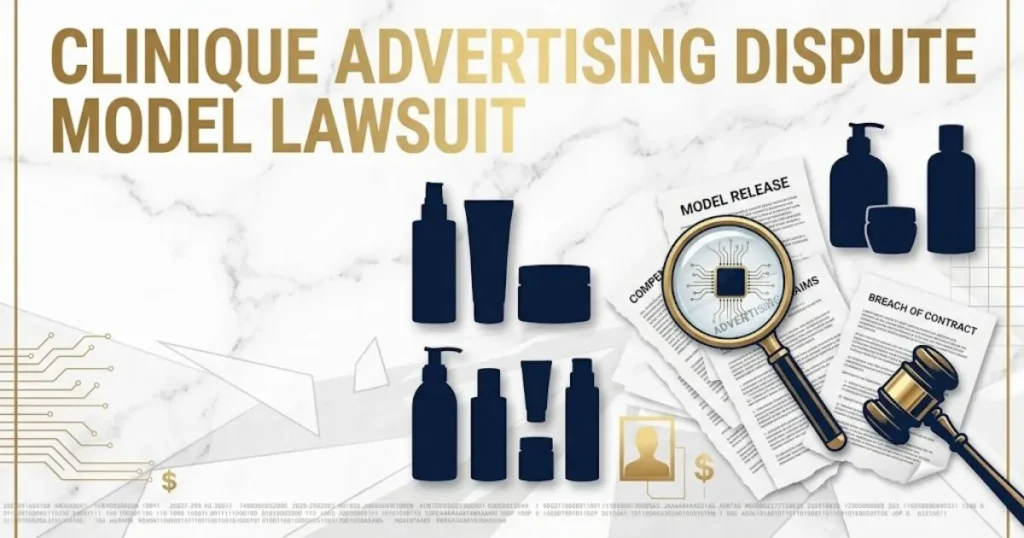 Clinique advertising dispute model lawsuit supporting graphic with beauty product silhouettes and contract documents