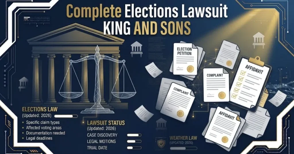 Complete elections lawsuit King and Sons hero banner with courthouse and scales of justice in navy and gold