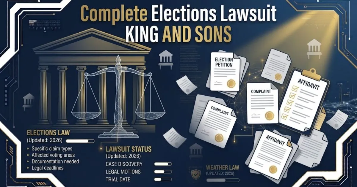 Complete elections lawsuit King and Sons hero banner with courthouse and scales of justice in navy and gold