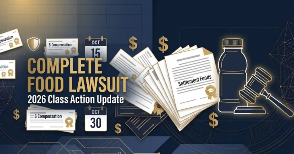 Complete food lawsuit 2026 hero banner with gavel and shake bottle on navy background