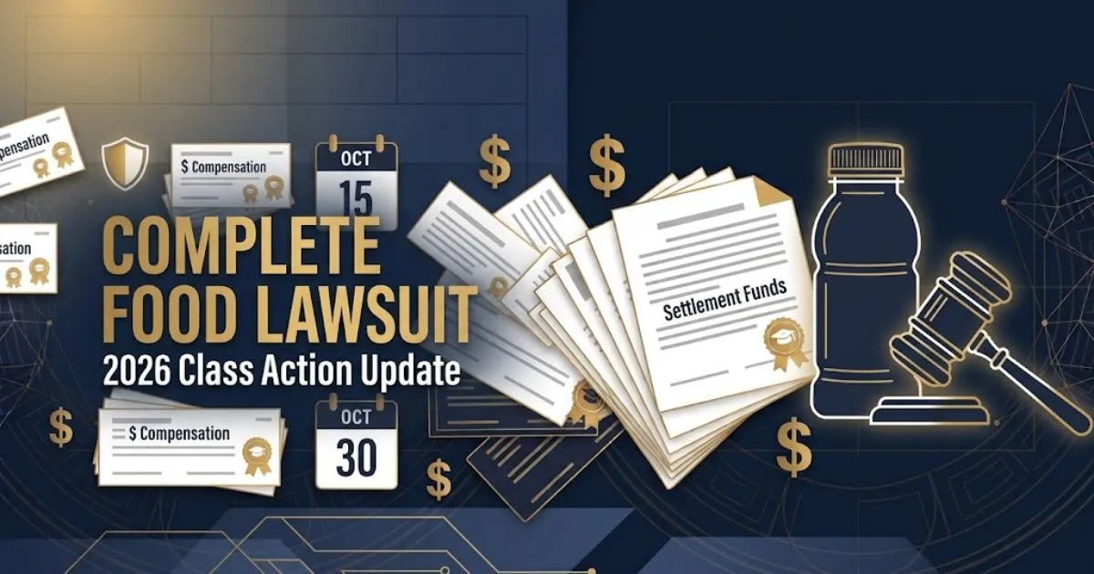 Complete food lawsuit 2026 hero banner with gavel and shake bottle on navy background