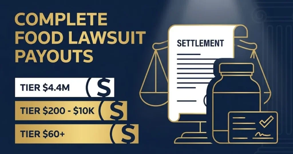 Complete food lawsuit payouts infographic showing settlement tiers and claim document