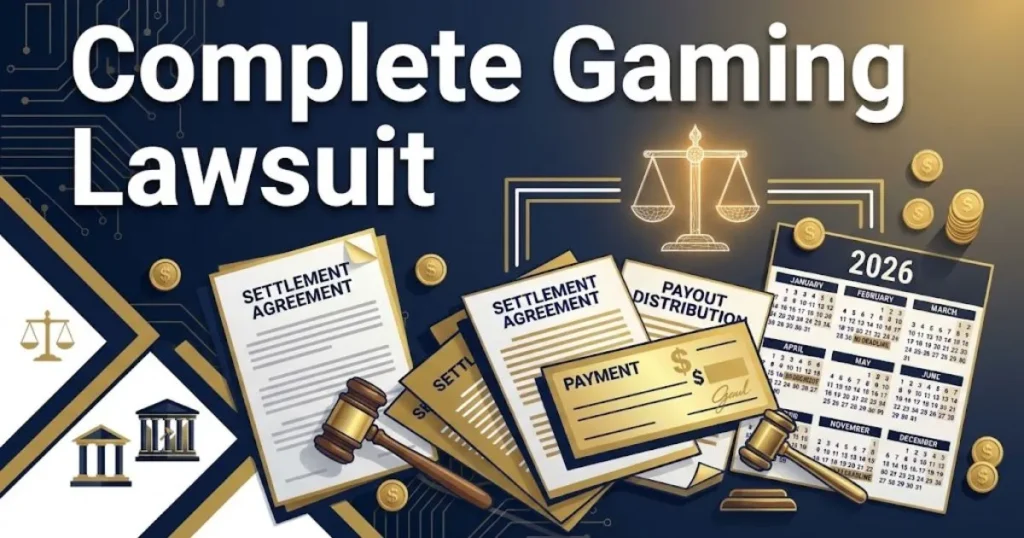 Complete gaming lawsuit claims graphic with legal documents and controller silhouette on navy background for 2026 filing guide