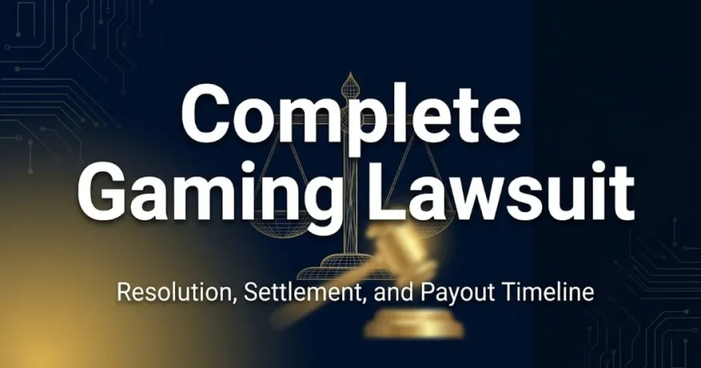 Complete gaming lawsuit hero banner with golden gavel icon on deep navy background for 2026 settlement guide