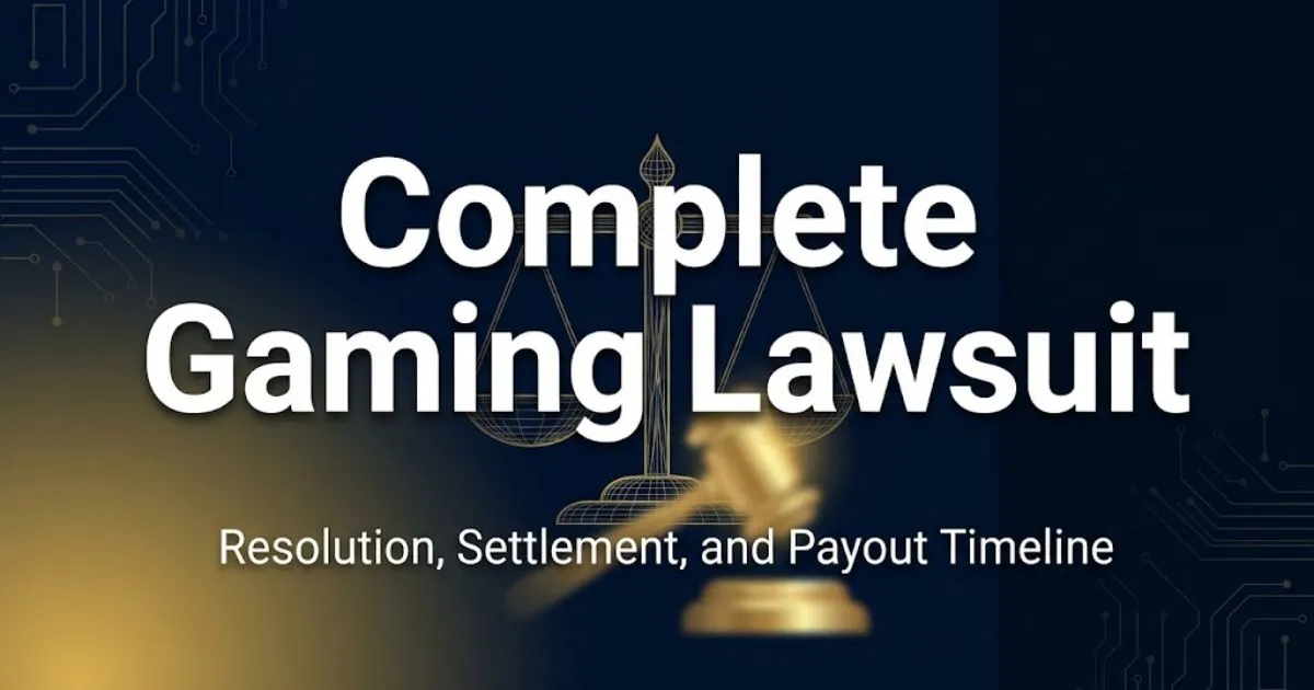 Complete gaming lawsuit hero banner with golden gavel icon on deep navy background for 2026 settlement guide