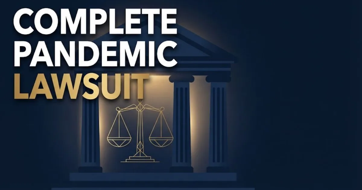 Complete pandemic lawsuit hero banner with courthouse silhouette and gold legal scales on navy background