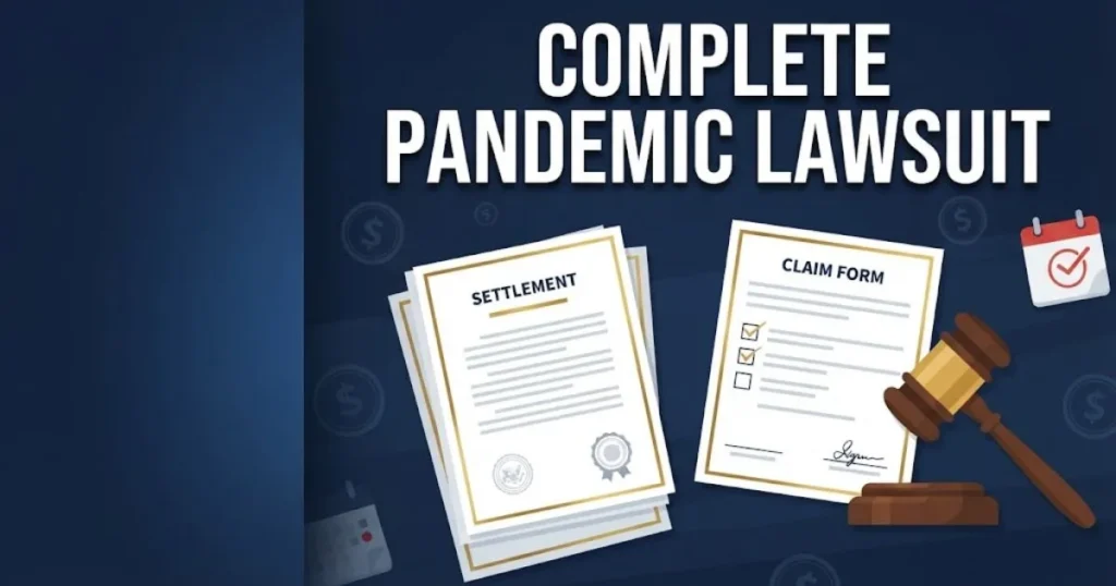 Complete pandemic lawsuit settlement documents and gavel illustration with deadline calendar icons on navy desk