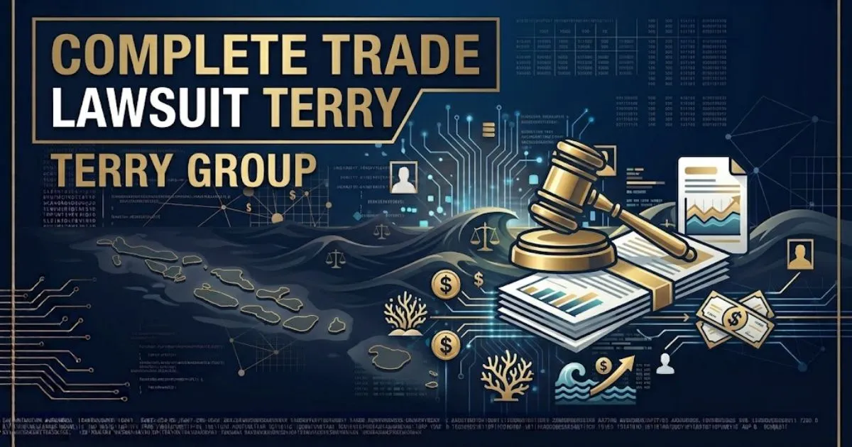 Complete trade lawsuit Terry Group hero banner with financial charts and legal scales in navy and gold