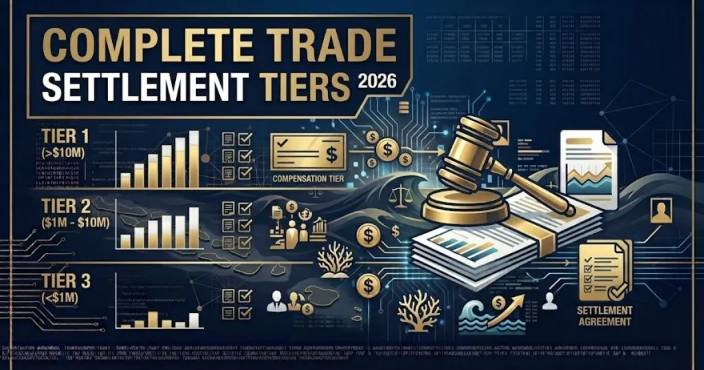 Complete trade lawsuit Terry Group settlement tiers graphic with legal documents and payout chart in navy and gold
