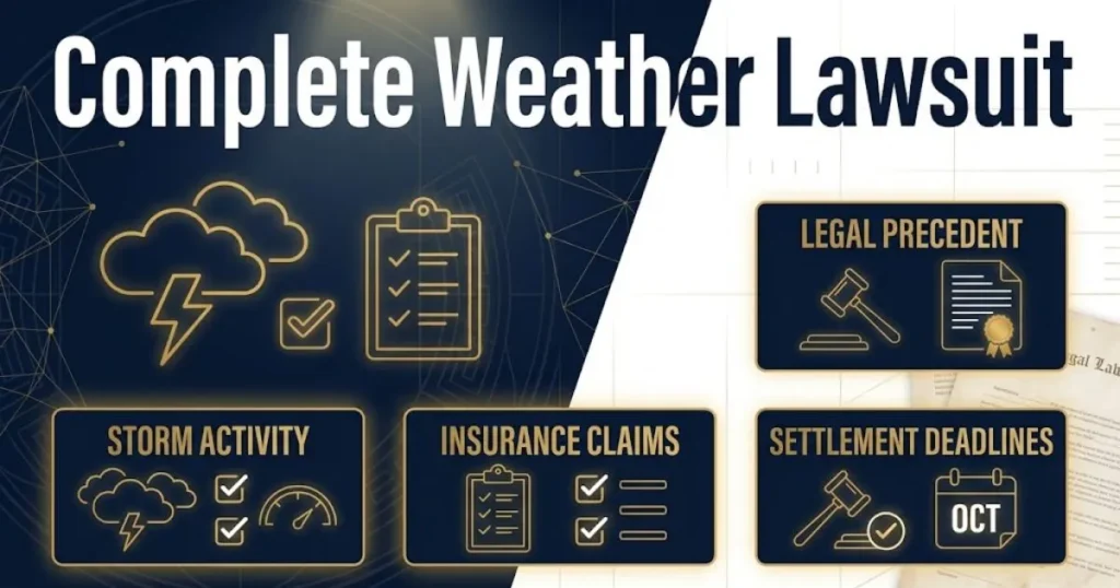 Complete weather lawsuit hero banner with storm imagery and legal symbols in navy and gold