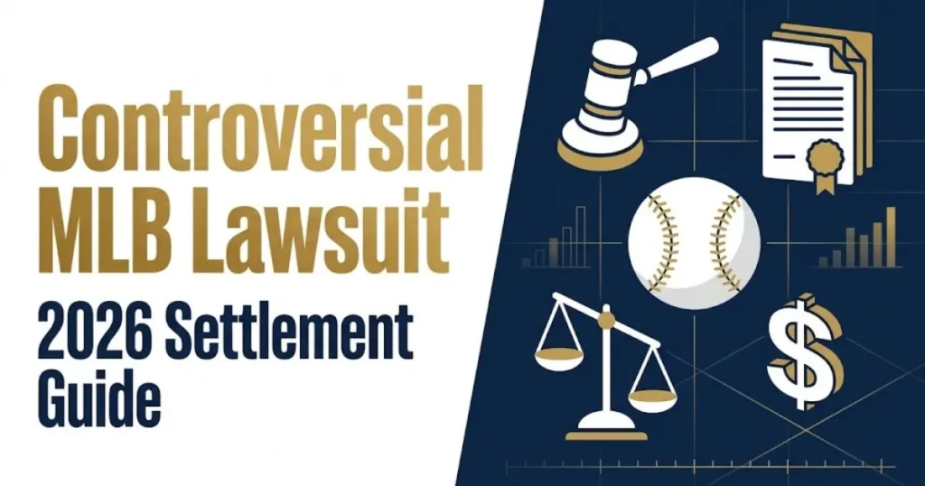 Controversial MLB lawsuit 2026 settlement guide graphic with legal icons and baseball imagery