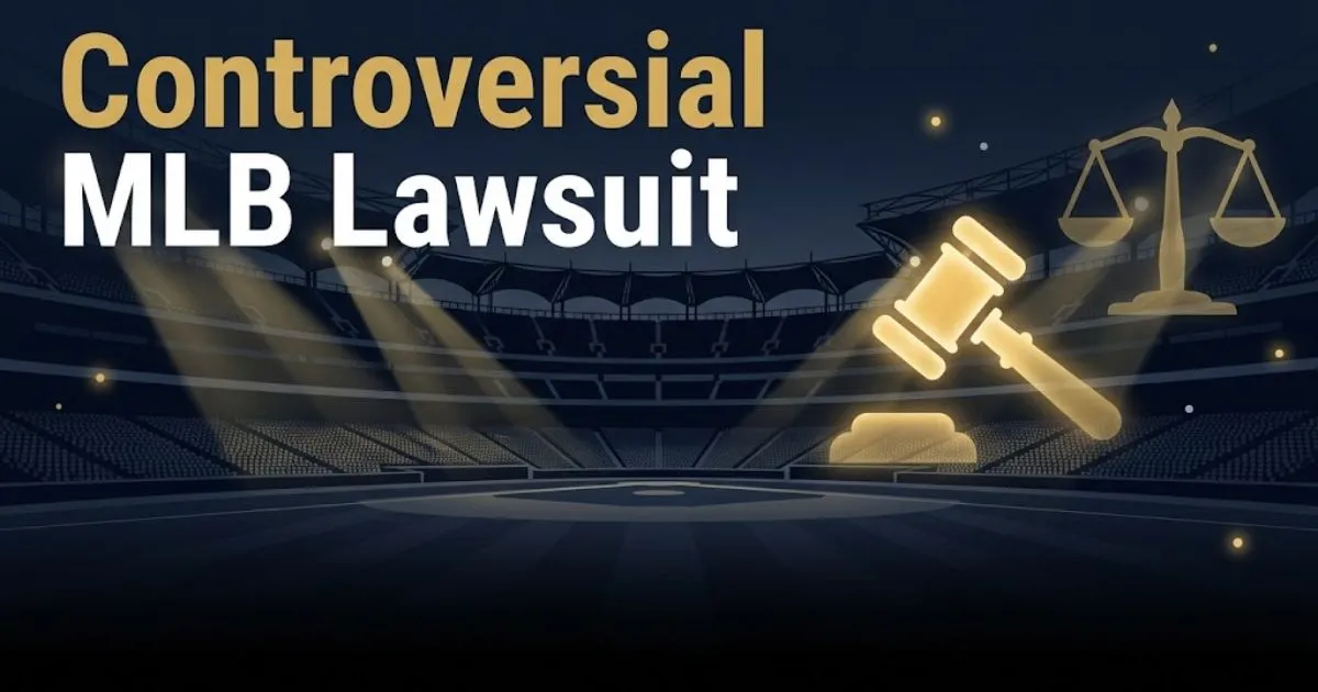 Controversial MLB lawsuit hero banner with stadium silhouette and legal symbols in navy and gold