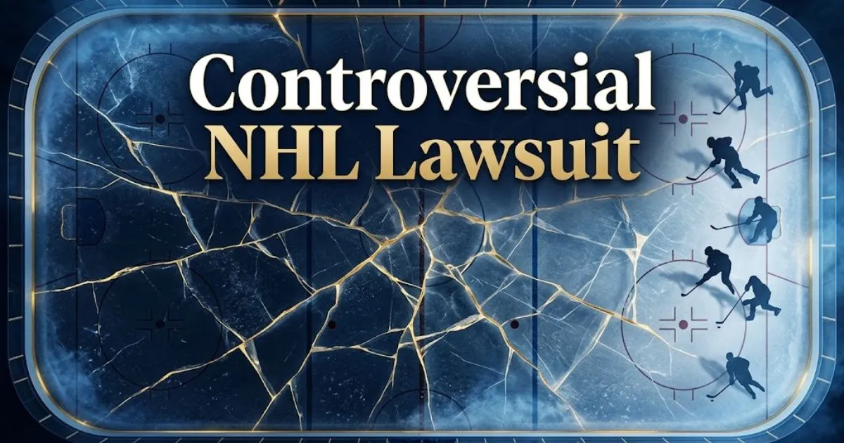 Controversial NHL lawsuit banner with cracked ice rink and bold legal headline text in navy and gold