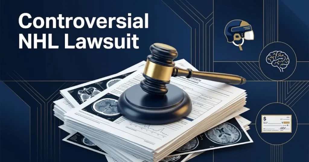 Controversial NHL lawsuit graphic with courtroom gavel, medical documents, and brain scan imagery