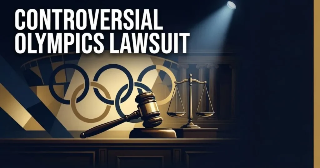 Controversial Olympics Lawsuit hero banner with Olympic rings and legal scales in navy and gold