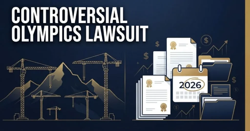Controversial Olympics Lawsuit supporting graphic with venue construction and legal document icons