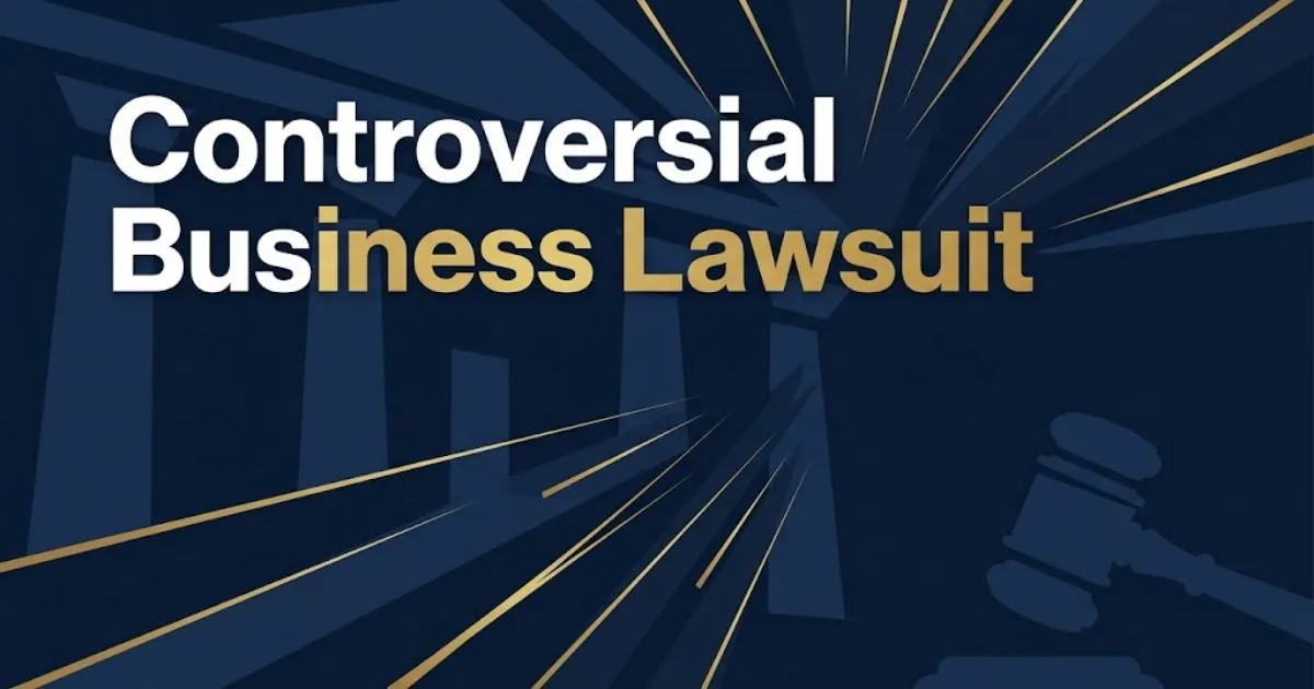 Controversial business lawsuit hero banner with navy courthouse design and gold gavel silhouette