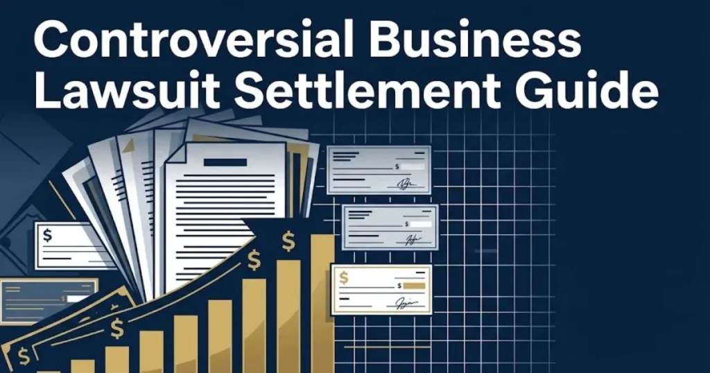 Controversial business lawsuit settlement guide graphic with document icons and gold chart elements