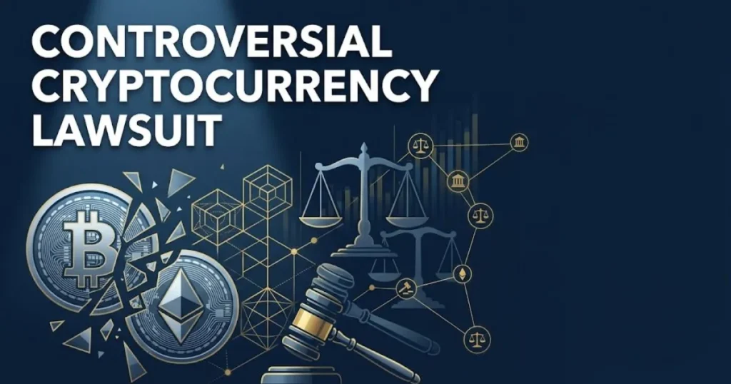 Controversial cryptocurrency lawsuit hero banner with fractured digital coins and justice scales on navy background