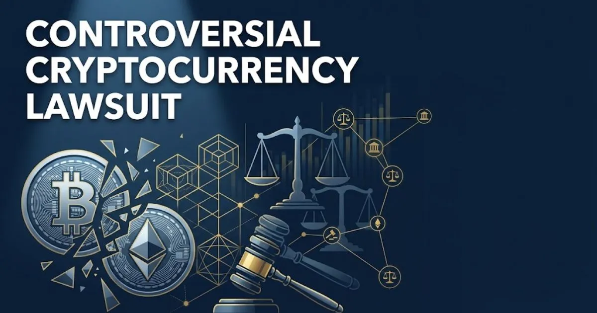 Controversial cryptocurrency lawsuit hero banner with fractured digital coins and justice scales on navy background