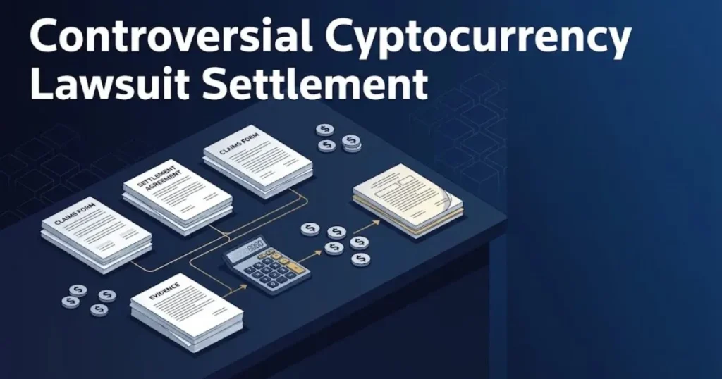 Controversial cryptocurrency lawsuit settlement graphic with legal documents and claims process icons on navy background