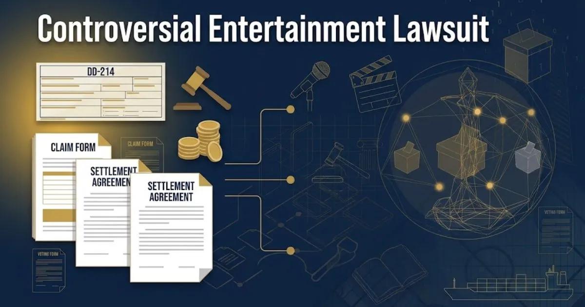 Controversial entertainment lawsuit hero banner with film reel and AI circuit design in navy and gold