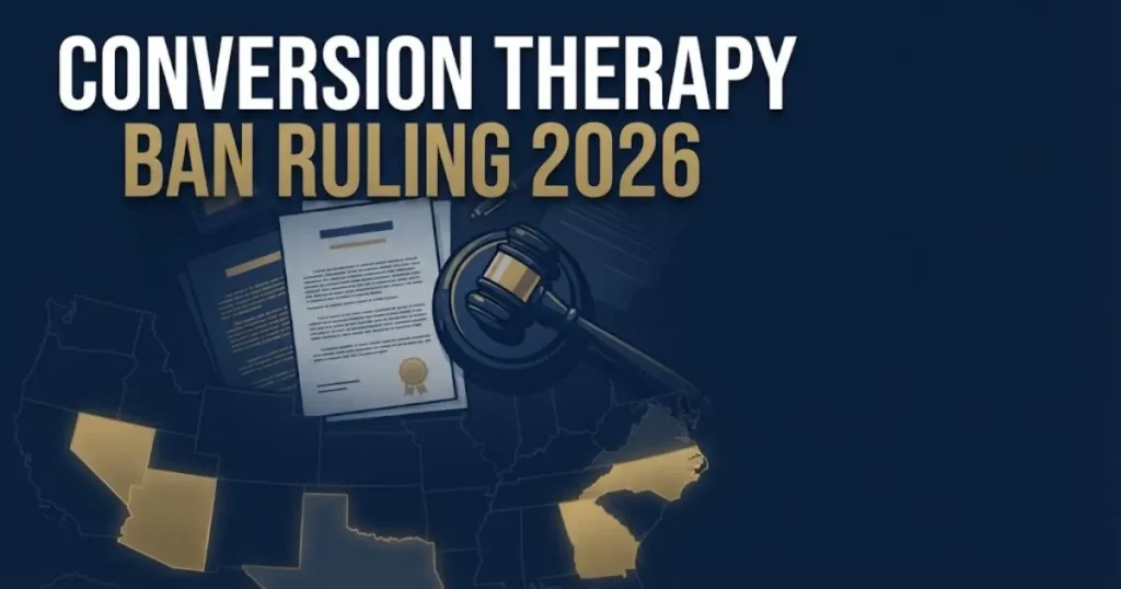 Conversion Therapy Ban Ruling 2026 graphic with legal documents and U.S. state map overlay