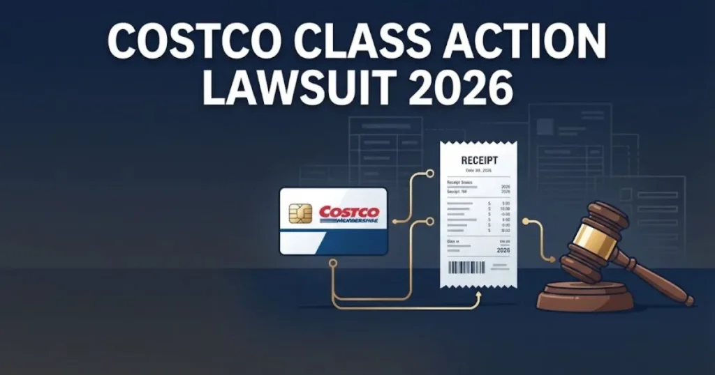 Costco class action lawsuit 2026 graphic showing membership card, receipt, and gavel in navy and gold