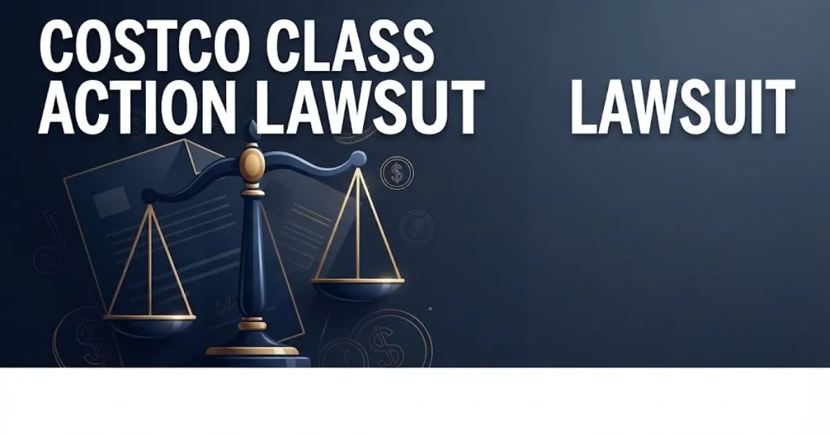 Costco class action lawsuit hero banner with legal scales and settlement theme in navy and gold