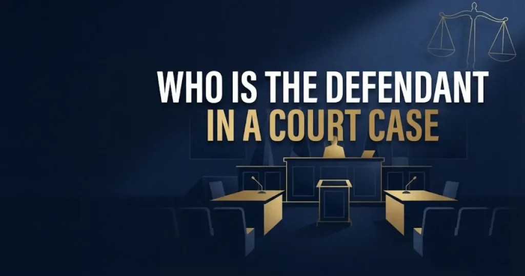 Courtroom silhouette graphic with bold text reading who is the defendant in a court case on navy background