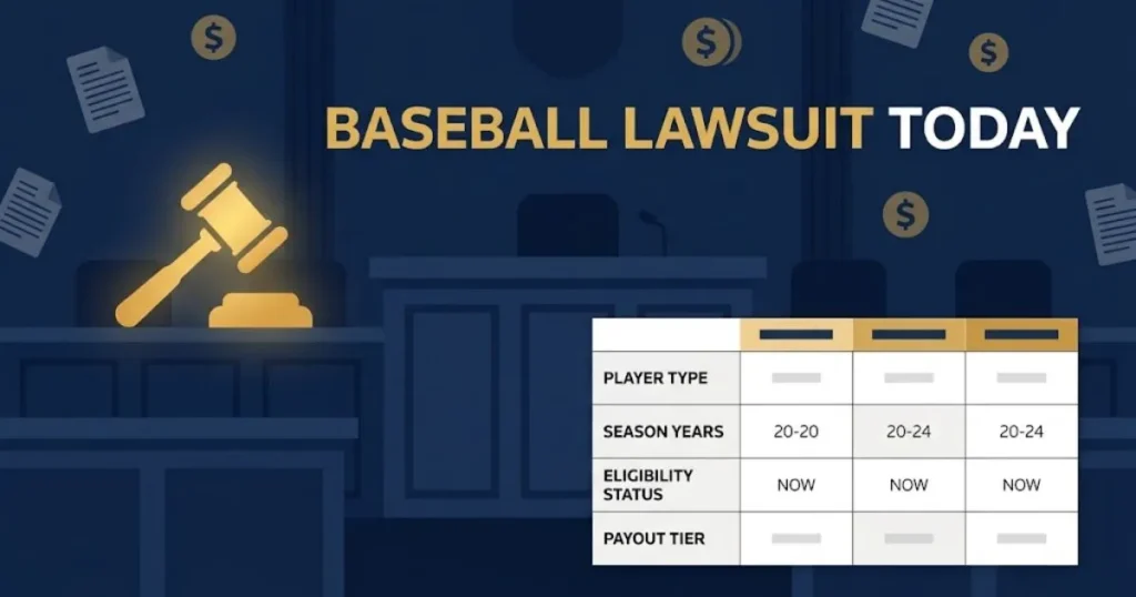 Courtroom themed graphic displaying baseball lawsuit today headline with settlement payout icons and eligibility table