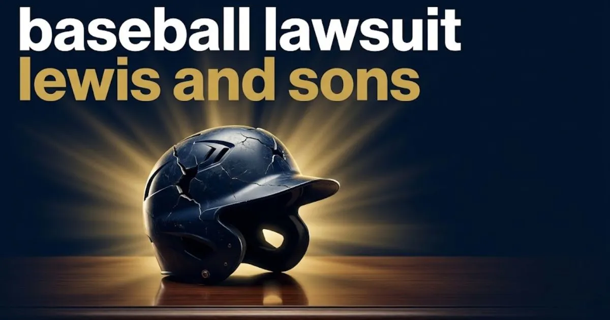 Cracked youth baseball helmet on courtroom table with baseball lawsuit lewis and sons headline in gold text