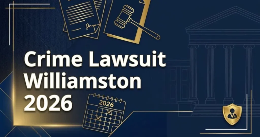 Crime Lawsuit Williamston 2026 supporting graphic with legal documents and calendar icons in navy and gold