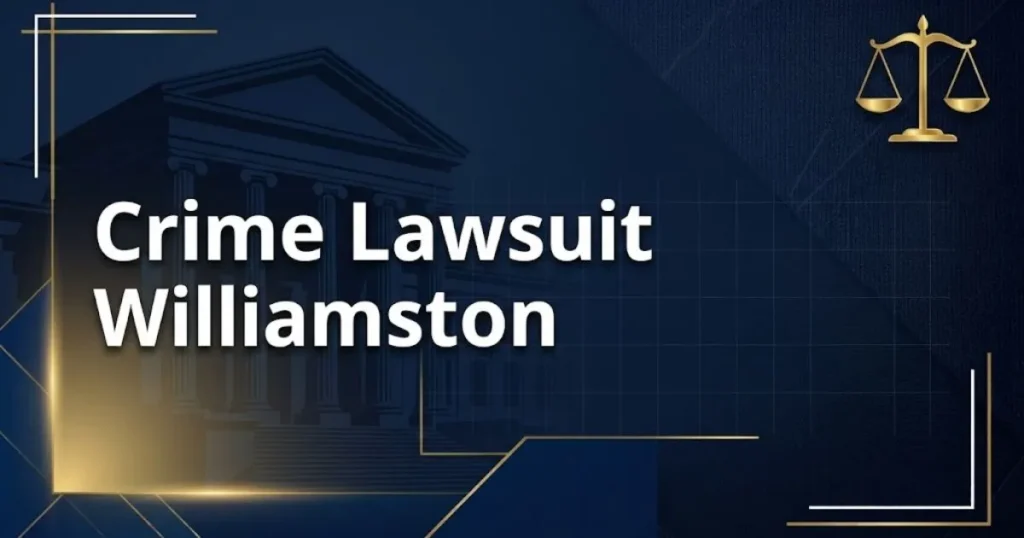 Crime Lawsuit Williamston hero banner with courthouse silhouette and scales of justice in navy and gold