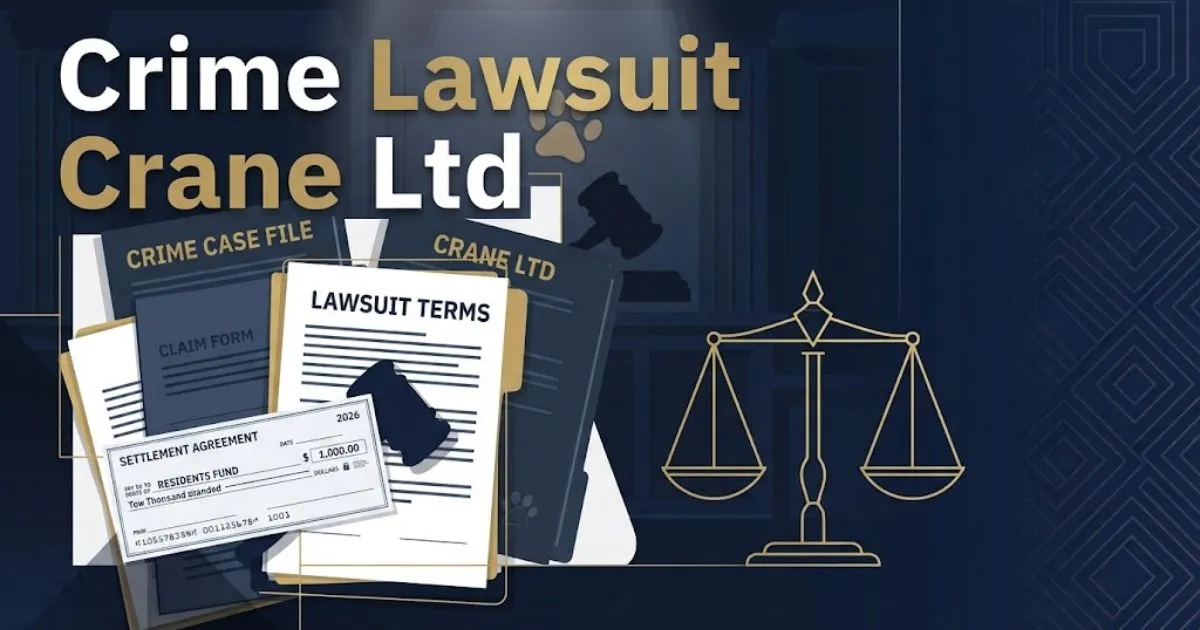 Crime lawsuit Crane Ltd hero banner with gold scales of justice on dark navy background
