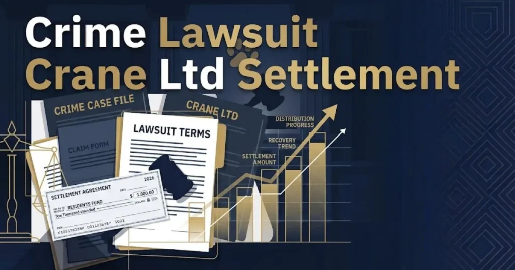Crime lawsuit Crane Ltd settlement graphic with legal documents and gavel on navy background